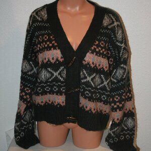 REWIND Dark Gray Chunky Knit Fair Isle V-Neck Cardigan Sweater Large Peach Women